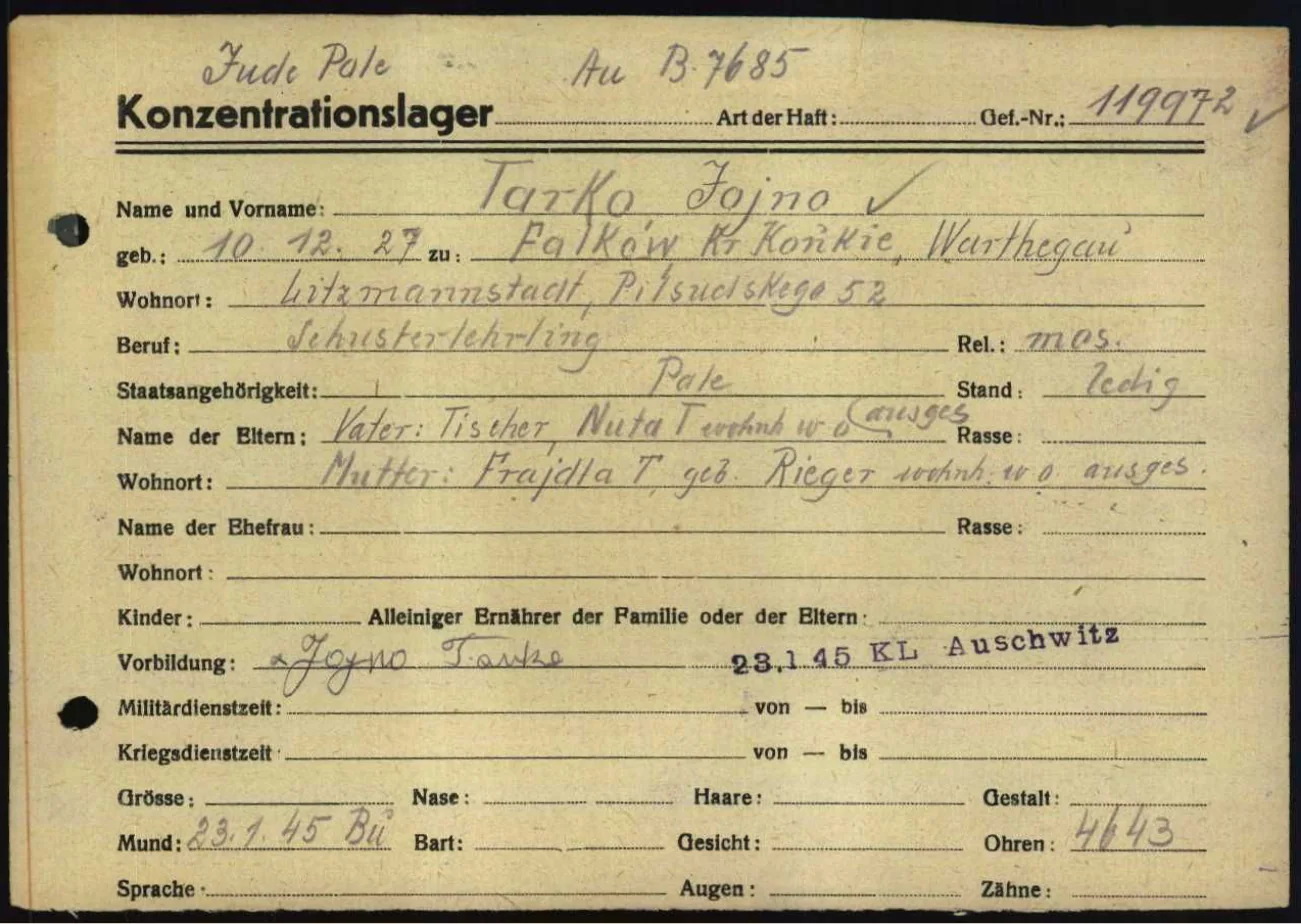 A record card from Buchenwald, January 1945, written in German for a prisoner named Jojno Tarko.