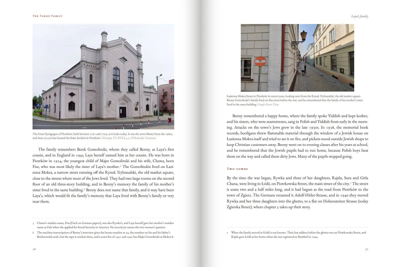 A town’s great synagogue and a family’s street, as they stand today.