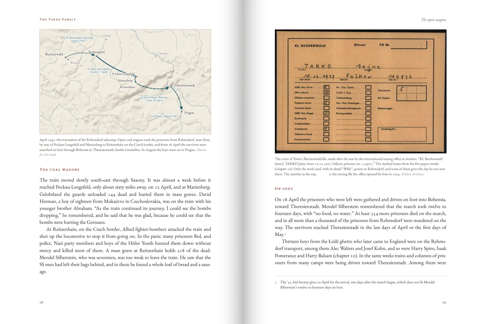 A camp file cover made by the tracing office after the war, facing a map of the march that followed.