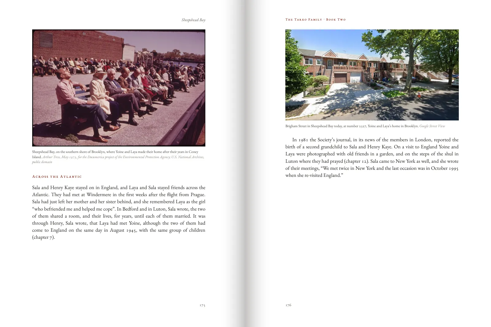 A photograph of Sheepshead Bay in Brooklyn in 1973, facing a photograph of a Brooklyn street as it is today.