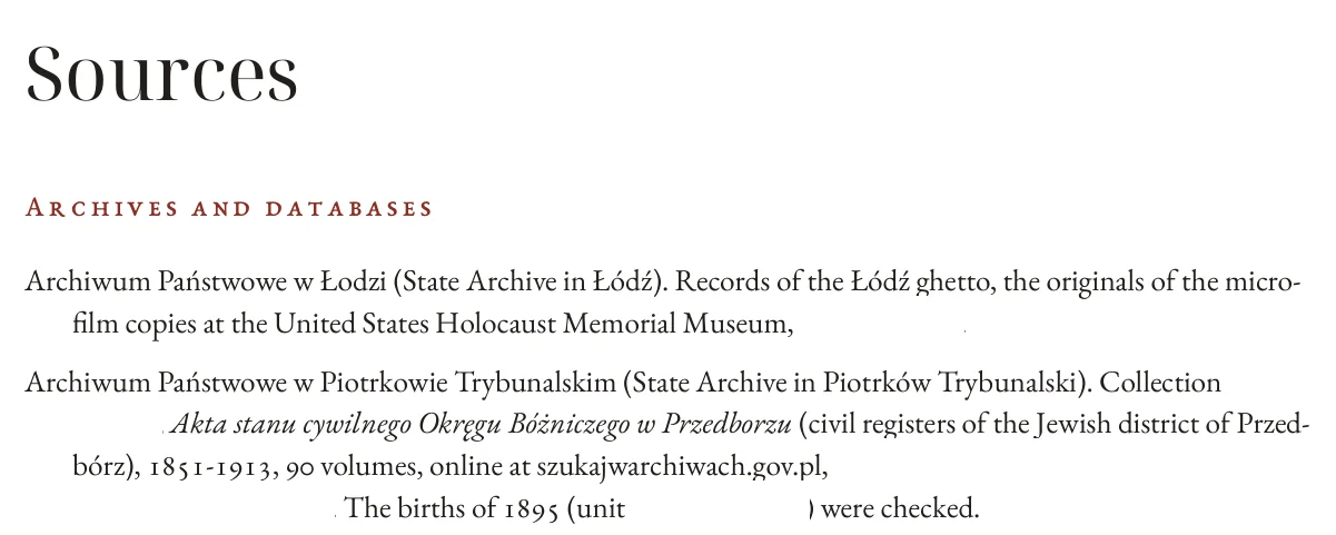 The opening of the Sources page of the example, listing state archives in Poland.